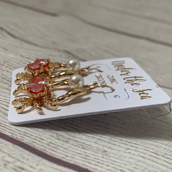 Under The Sea Crab Earrings Cubic Zirconia Faux Pearl Fishhook Style Cancer - Picture 4 of 9